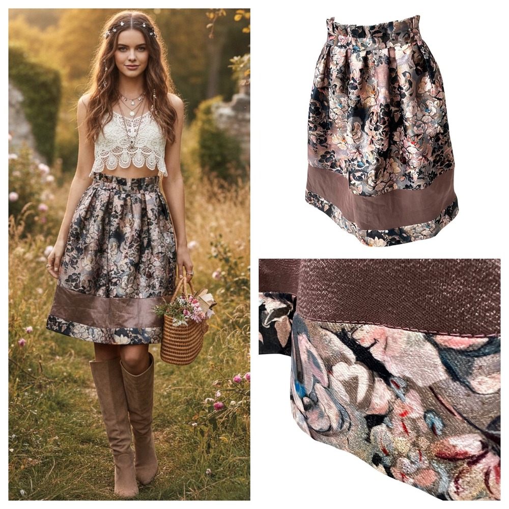 Ted Baker Jacquard Floral Fit & Flare Tulip Skirt Pink Blue Sz 2 Coquette Whimsy